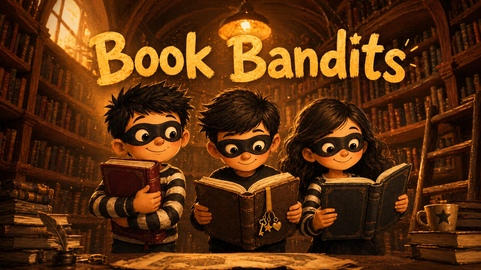 A glowing library at night with three masked young readers tucked between tall shelves of books.