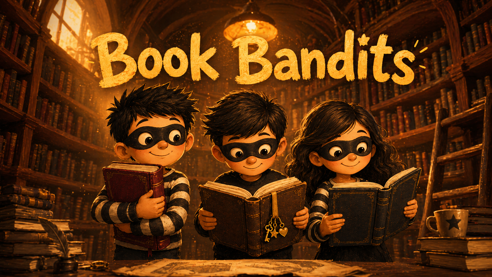 A glowing library at night with three masked young readers tucked between tall shelves of books.